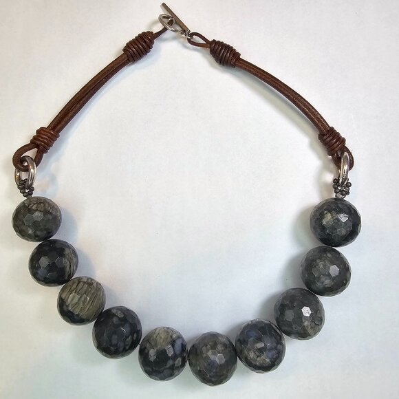 Brunello Cucinelli Jewelry - Brunello Cucinelli Labradorite Natural Gemstone Faceted Beads & Leather Necklace